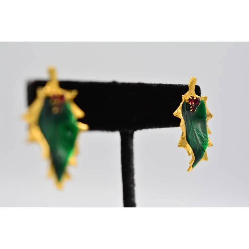 Vintage Christmas Clip On Earrings Holly Berry Green Enamel Gold Red 1980s BinAA